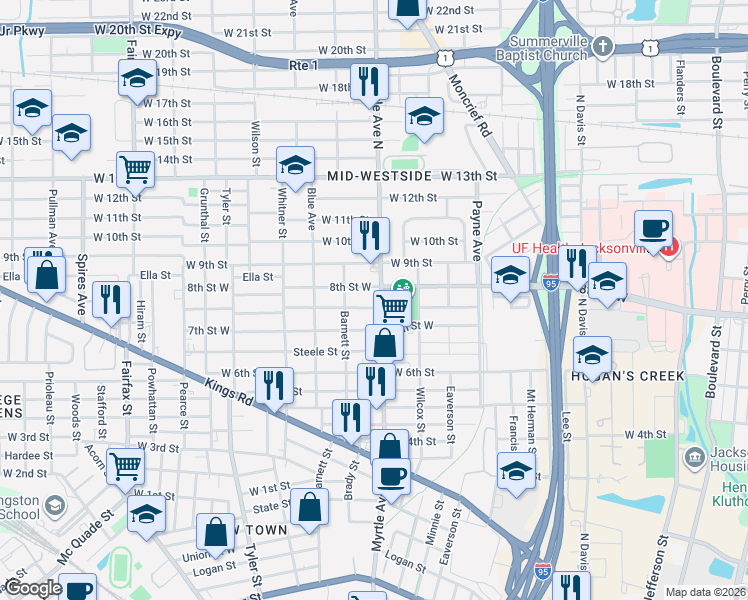 map of restaurants, bars, coffee shops, grocery stores, and more near 1339 Mc Conihe Street in Jacksonville