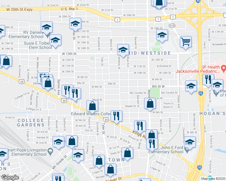 map of restaurants, bars, coffee shops, grocery stores, and more near 1541 Mc Conihe Street in Jacksonville