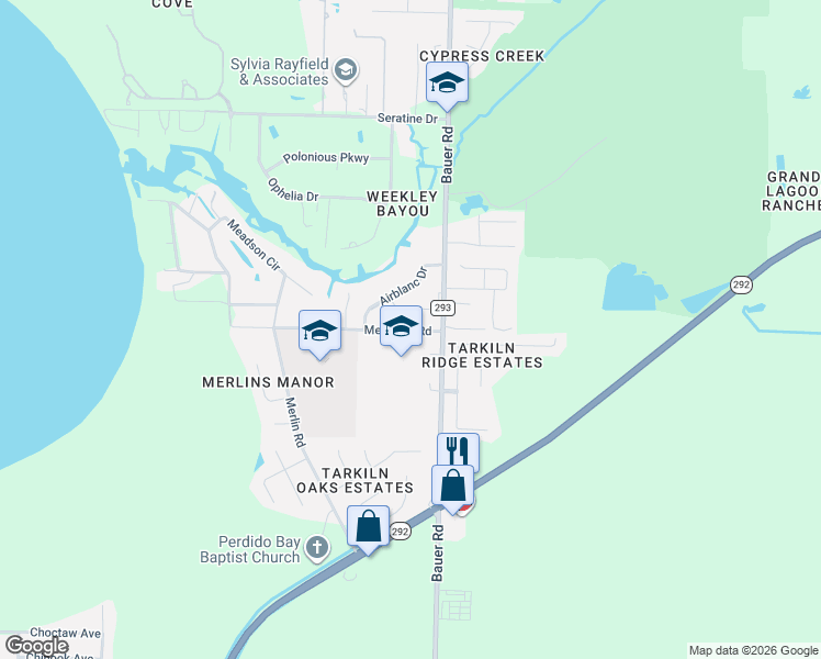 map of restaurants, bars, coffee shops, grocery stores, and more near 4110 Bauer Road in Pensacola