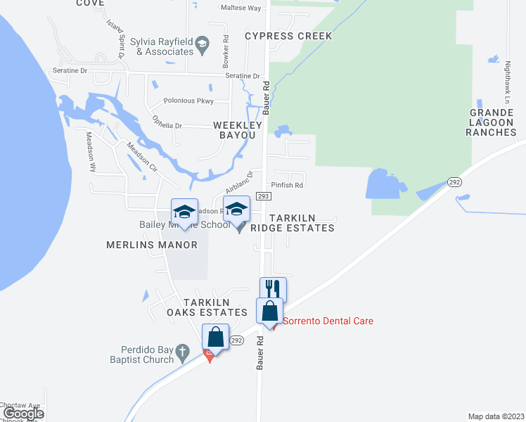 map of restaurants, bars, coffee shops, grocery stores, and more near 3959 Bauer Road in Pensacola