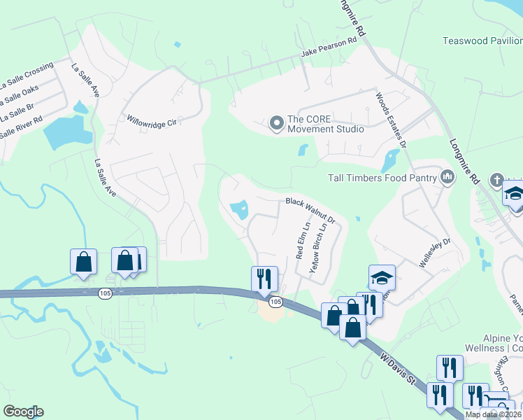 map of restaurants, bars, coffee shops, grocery stores, and more near 311 Red Maple Lane in Conroe