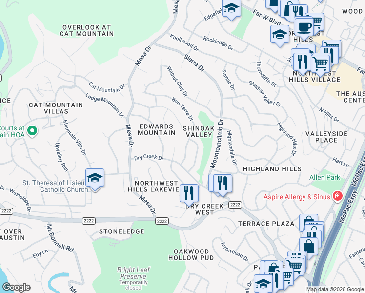map of restaurants, bars, coffee shops, grocery stores, and more near 6006 Bon Terra Drive in Austin