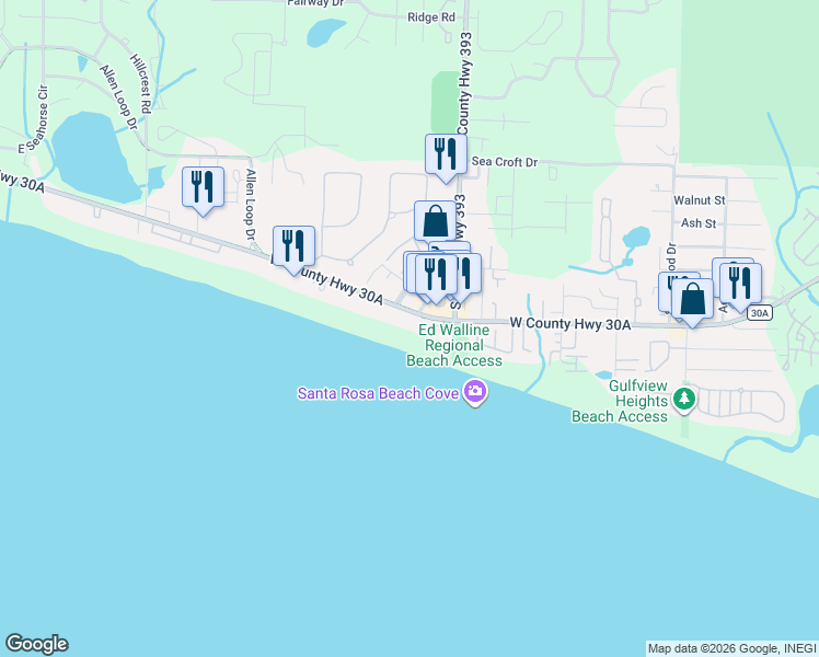 map of restaurants, bars, coffee shops, grocery stores, and more near 4483 West County Highway 30A in Santa Rosa Beach
