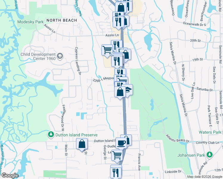 map of restaurants, bars, coffee shops, grocery stores, and more near 2158 Fairway Villas Drive in Jacksonville