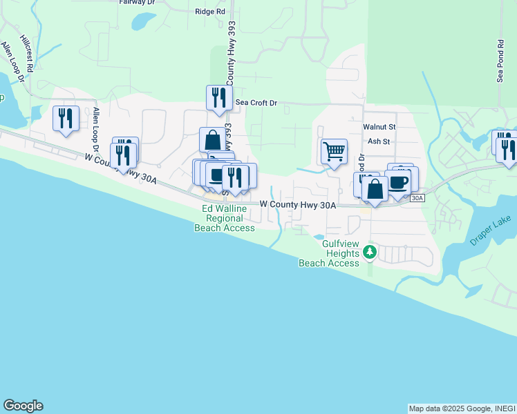 map of restaurants, bars, coffee shops, grocery stores, and more near 14 Seaward Drive in Santa Rosa Beach
