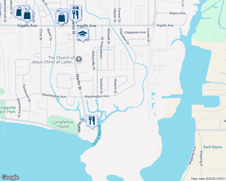 map of restaurants, bars, coffee shops, grocery stores, and more near 905 Ruland Street in Pascagoula