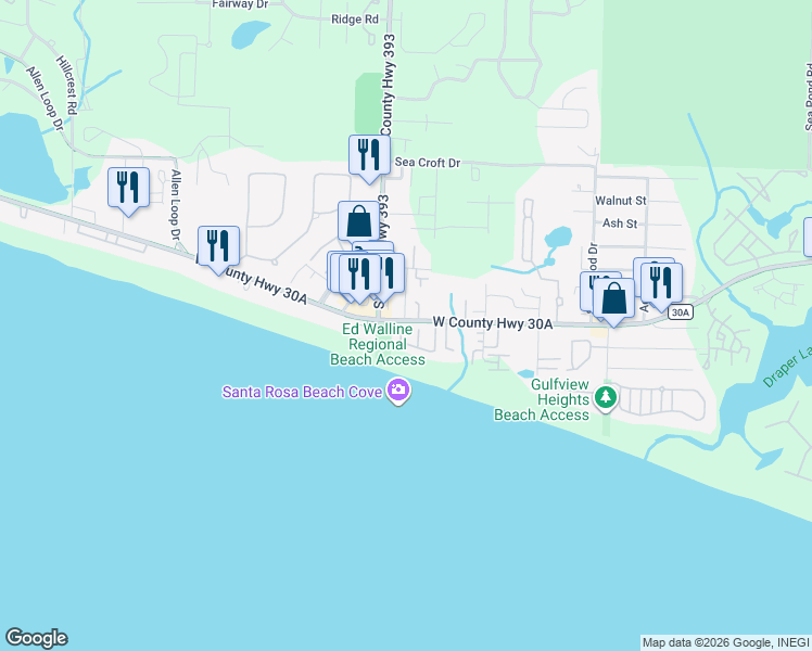 map of restaurants, bars, coffee shops, grocery stores, and more near 136 Seaward Drive in Santa Rosa Beach