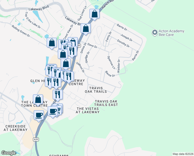 map of restaurants, bars, coffee shops, grocery stores, and more near 15204 Gebron Drive in Austin