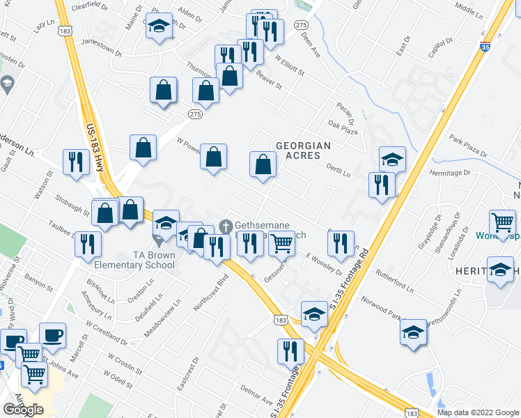 map of restaurants, bars, coffee shops, grocery stores, and more near E Lola Dr & W Lola Dr in Austin