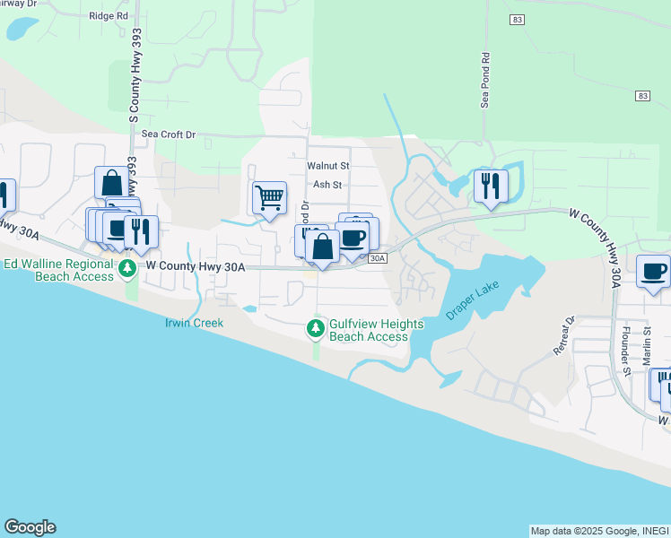 map of restaurants, bars, coffee shops, grocery stores, and more near 3799 West County Highway 30A in Santa Rosa Beach