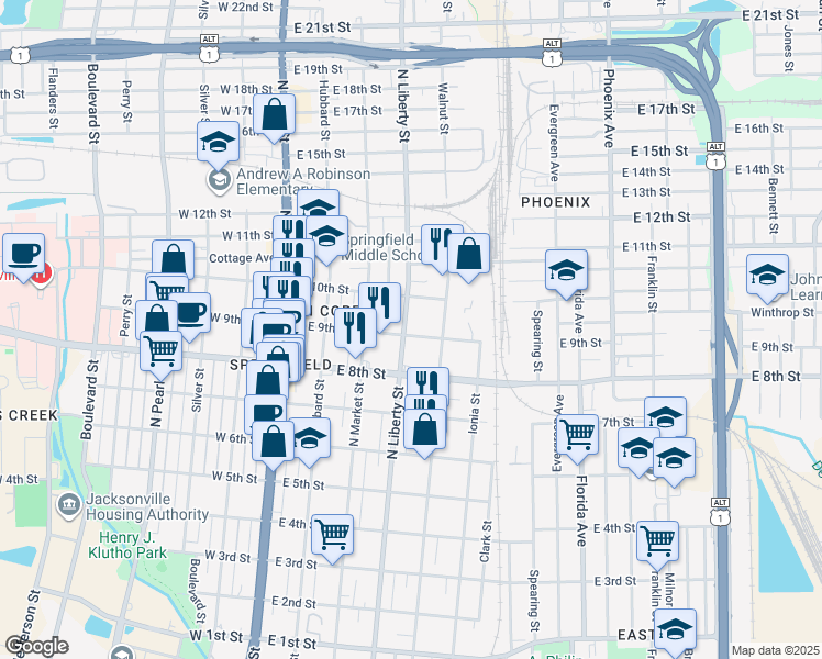 map of restaurants, bars, coffee shops, grocery stores, and more near 1850 North Liberty Street in Jacksonville