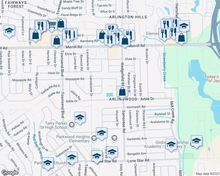 map of restaurants, bars, coffee shops, grocery stores, and more near 7612 Mayapple Court in Jacksonville