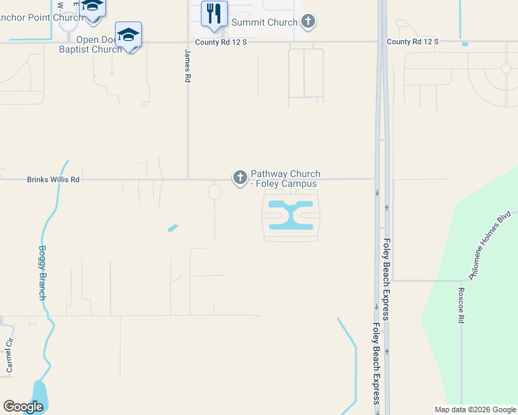 map of restaurants, bars, coffee shops, grocery stores, and more near 725 Lago Way in Foley