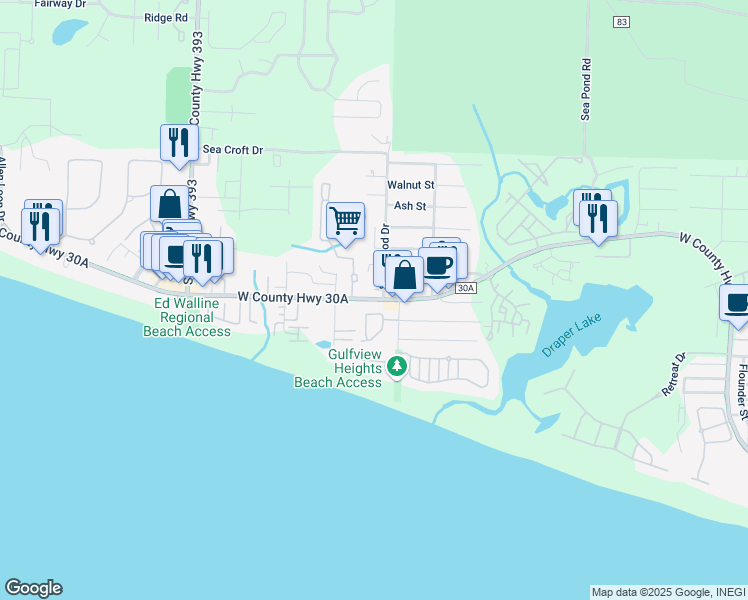 map of restaurants, bars, coffee shops, grocery stores, and more near 3871 West County Highway 30A in Santa Rosa Beach