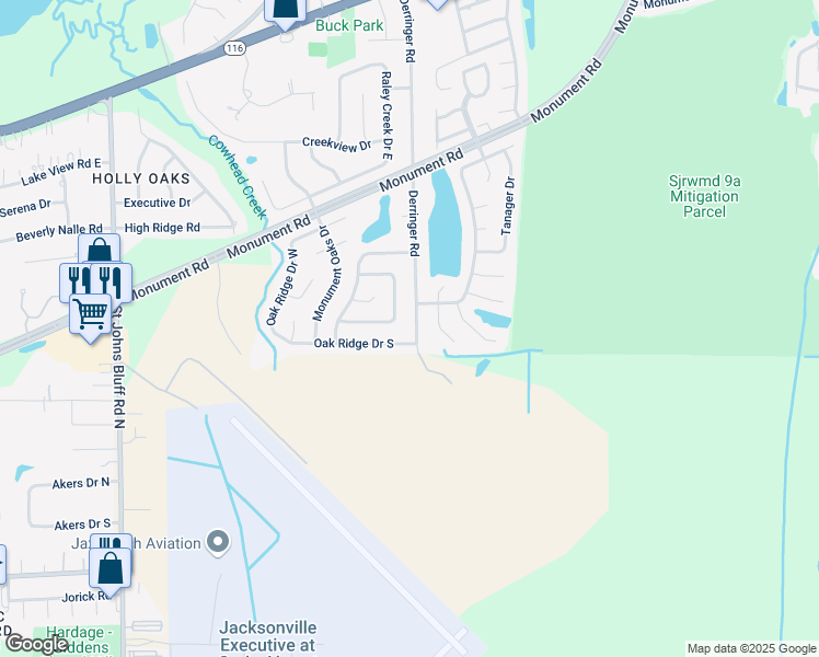 map of restaurants, bars, coffee shops, grocery stores, and more near 1515 Derringer Road in Jacksonville