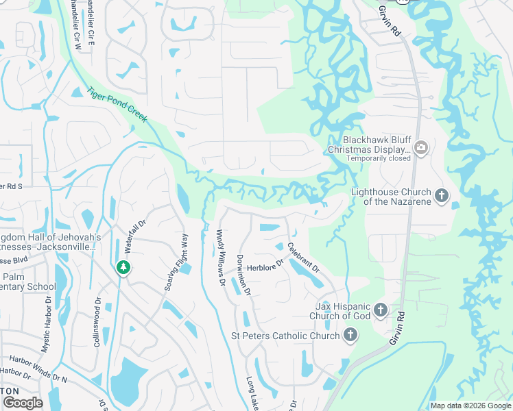 map of restaurants, bars, coffee shops, grocery stores, and more near 12513 North Windy Willows Drive in Jacksonville
