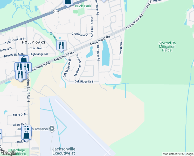 map of restaurants, bars, coffee shops, grocery stores, and more near 1515 Derringer Road in Jacksonville
