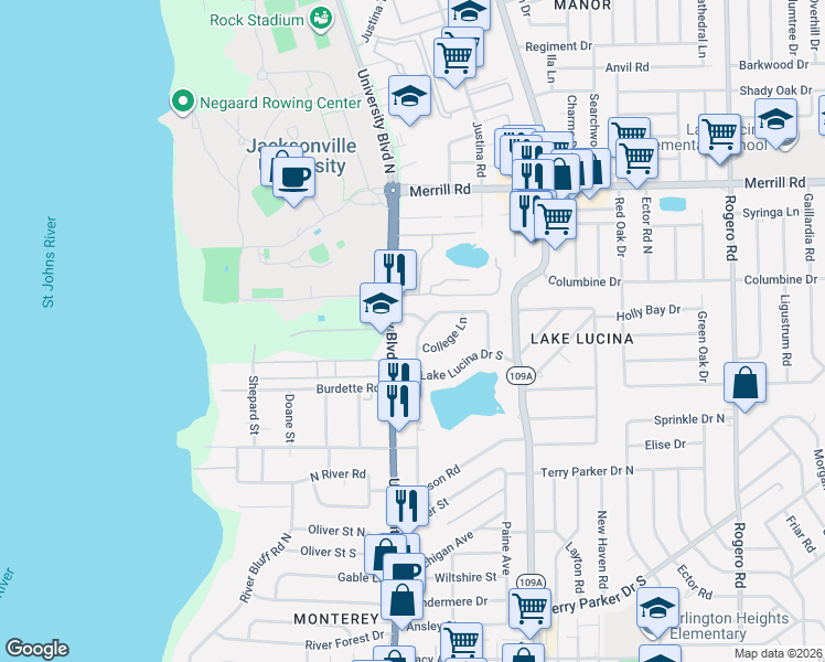 map of restaurants, bars, coffee shops, grocery stores, and more near 2341 Lake Lucina Drive in Jacksonville