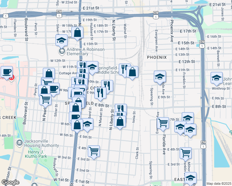 map of restaurants, bars, coffee shops, grocery stores, and more near 1850 North Liberty Street in Jacksonville
