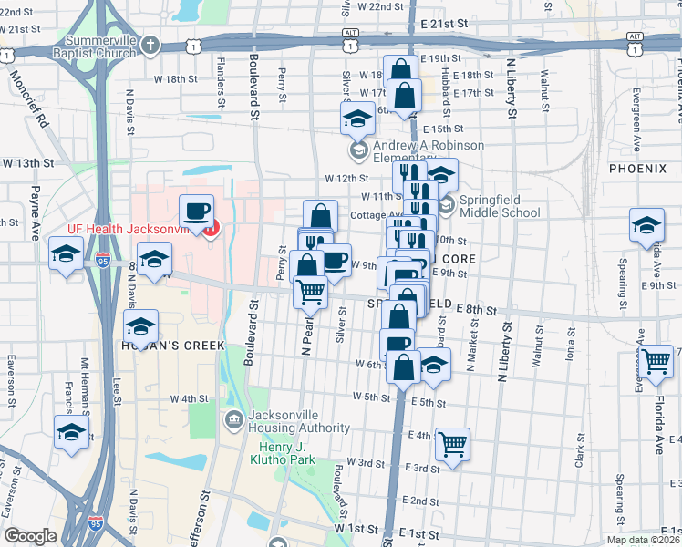 map of restaurants, bars, coffee shops, grocery stores, and more near 1821 Silver Street in Jacksonville