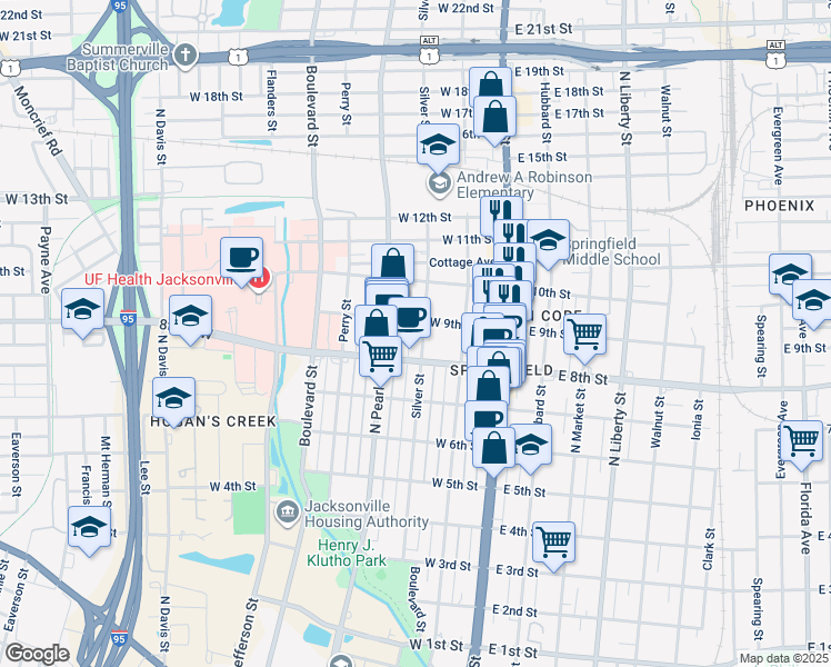 map of restaurants, bars, coffee shops, grocery stores, and more near 1821 Silver Street in Jacksonville