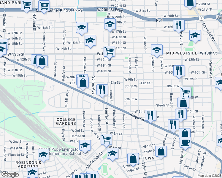 map of restaurants, bars, coffee shops, grocery stores, and more near 1714 Powhattan Street in Jacksonville