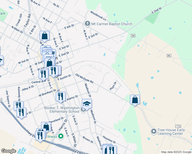 map of restaurants, bars, coffee shops, grocery stores, and more near 510 Old McDade Road in Elgin