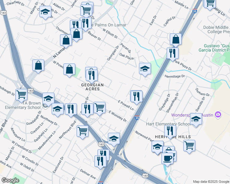 map of restaurants, bars, coffee shops, grocery stores, and more near 8207 Sam Rayburn Drive in Austin