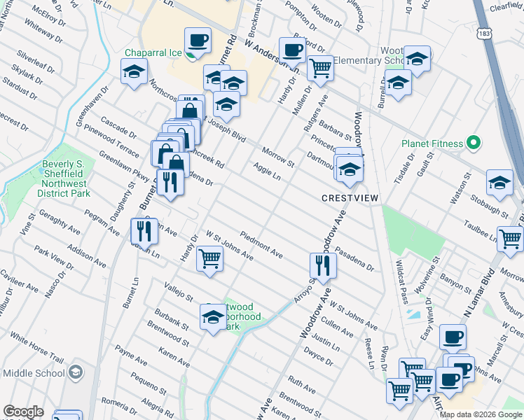 map of restaurants, bars, coffee shops, grocery stores, and more near 1806 Madison Avenue in Austin