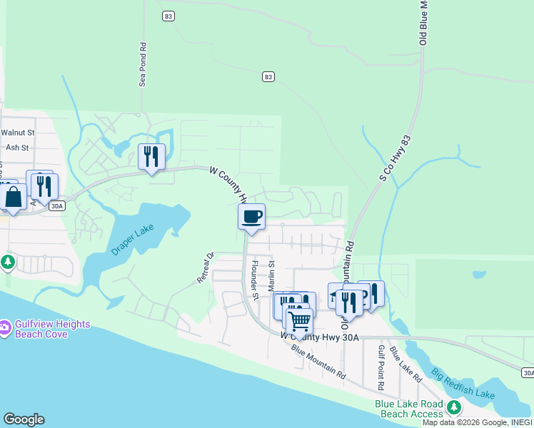 map of restaurants, bars, coffee shops, grocery stores, and more near 478 Gulfview Circle in Santa Rosa Beach