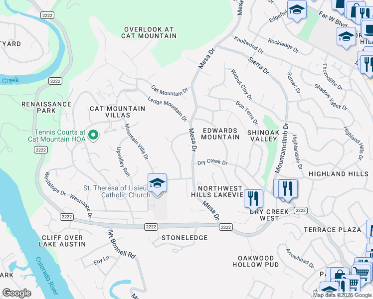 map of restaurants, bars, coffee shops, grocery stores, and more near 4103 Mesa Court in Austin