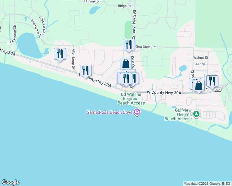 map of restaurants, bars, coffee shops, grocery stores, and more near 4483 West County Highway 30A in Santa Rosa Beach