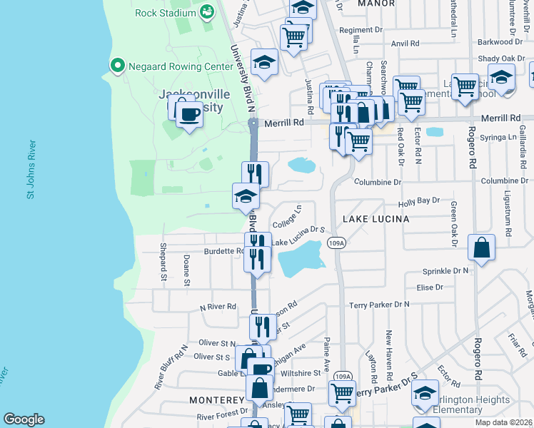 map of restaurants, bars, coffee shops, grocery stores, and more near 2341 Lake Lucina Drive in Jacksonville
