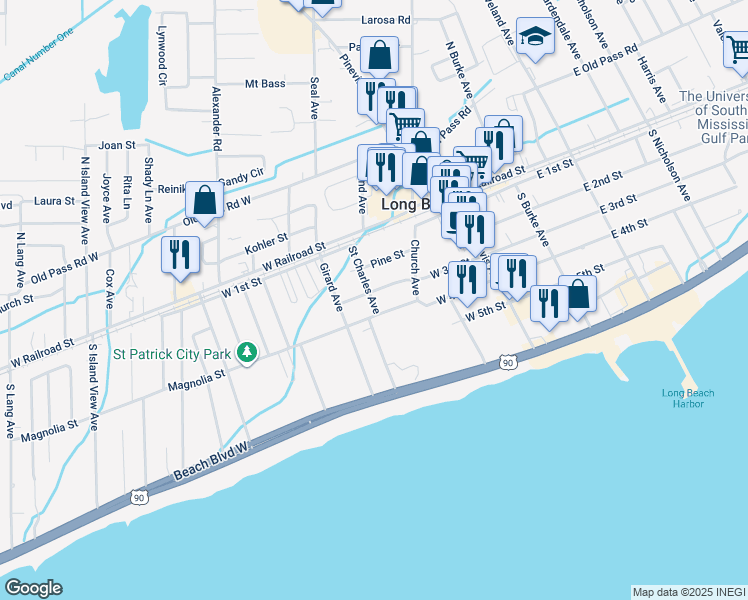 map of restaurants, bars, coffee shops, grocery stores, and more near 308 Saint Charles Avenue in Long Beach