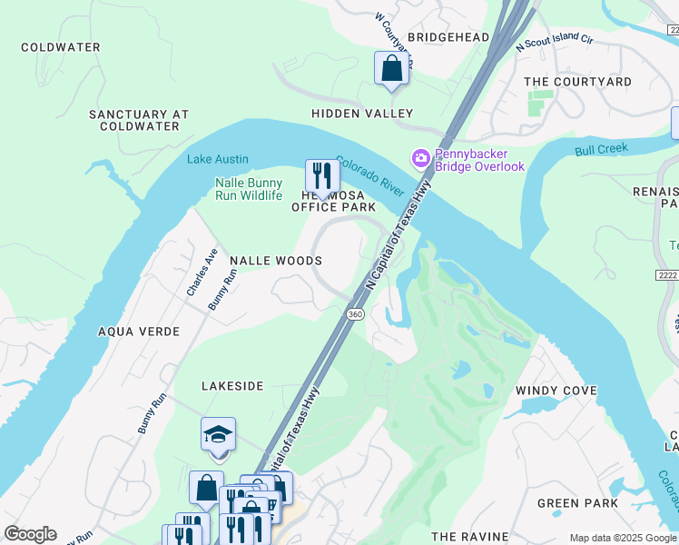 map of restaurants, bars, coffee shops, grocery stores, and more near 4801 Plaza on the Lake in Austin