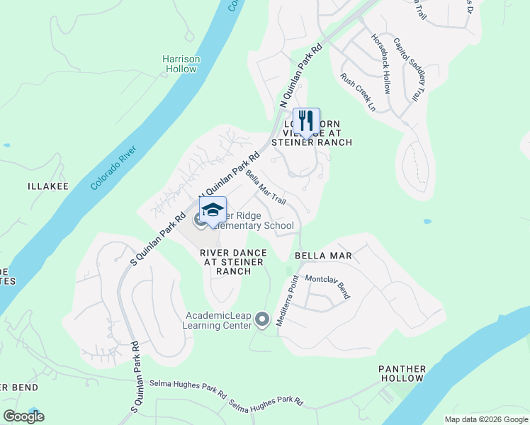 map of restaurants, bars, coffee shops, grocery stores, and more near 12521 Calistoga Way in Austin