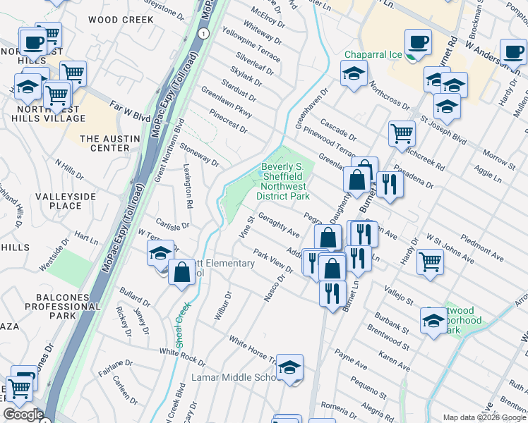 map of restaurants, bars, coffee shops, grocery stores, and more near 2714 Geraghty Avenue in Austin
