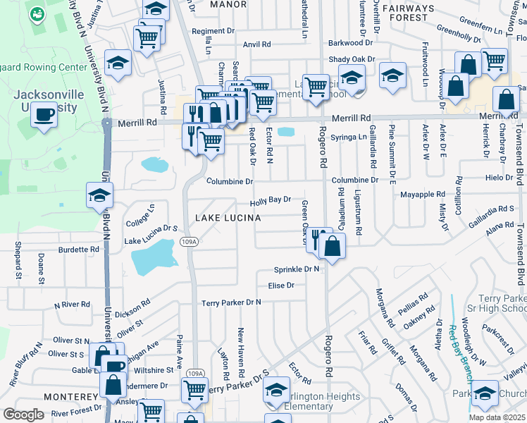 map of restaurants, bars, coffee shops, grocery stores, and more near 6215 Pine Cove Lane in Jacksonville