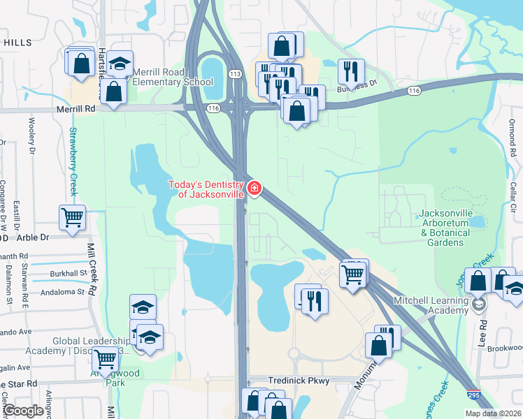 map of restaurants, bars, coffee shops, grocery stores, and more near 1584 Landau Road in Jacksonville