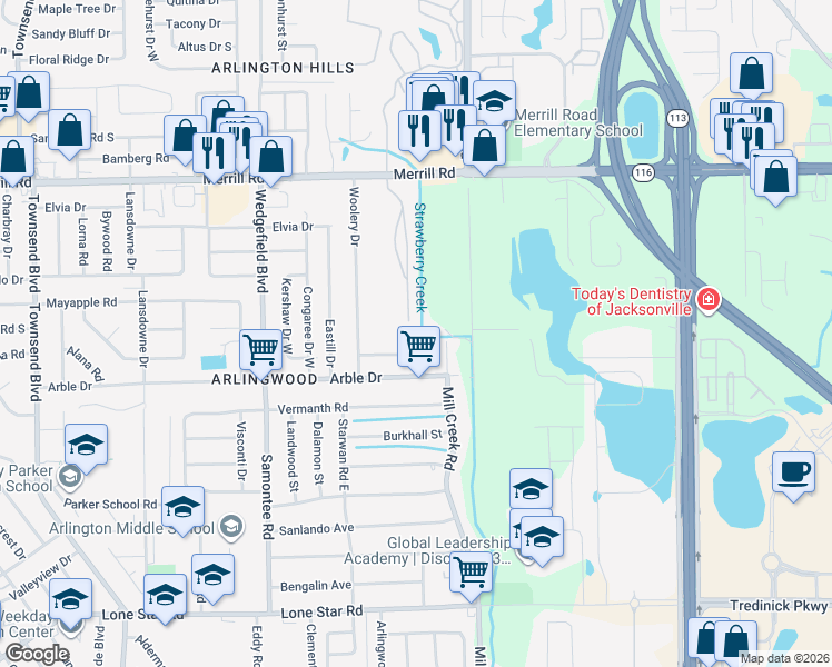 map of restaurants, bars, coffee shops, grocery stores, and more near 8049 Congaree Court North in Jacksonville