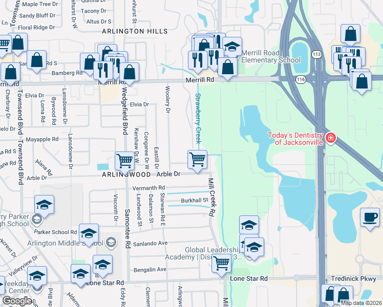 map of restaurants, bars, coffee shops, grocery stores, and more near 8049 Congaree Court North in Jacksonville
