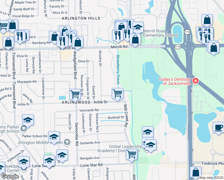 map of restaurants, bars, coffee shops, grocery stores, and more near 7937 Congaree Court North in Jacksonville