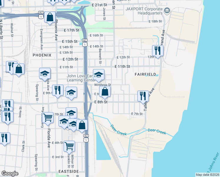 map of restaurants, bars, coffee shops, grocery stores, and more near 1645 East 9th Street in Jacksonville