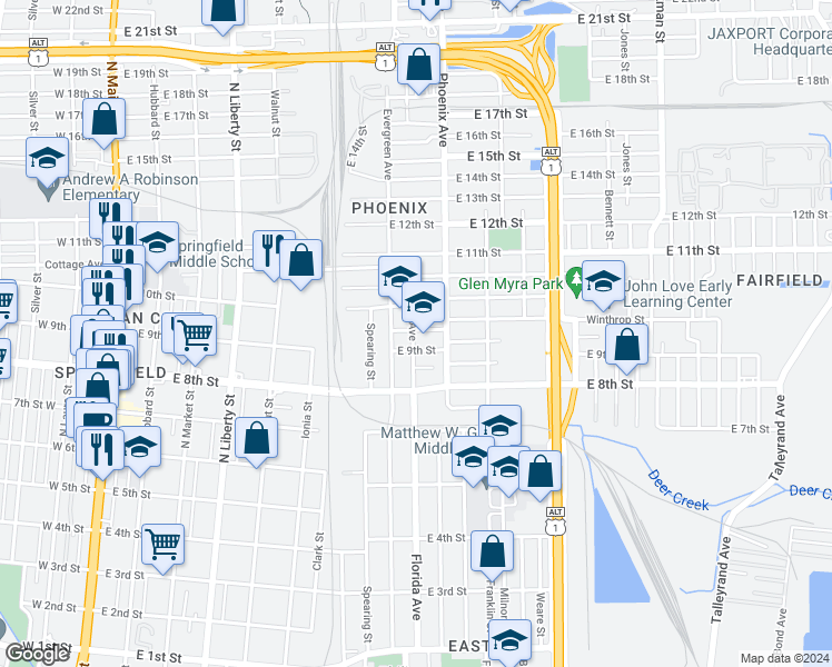 map of restaurants, bars, coffee shops, grocery stores, and more near in Jacksonville