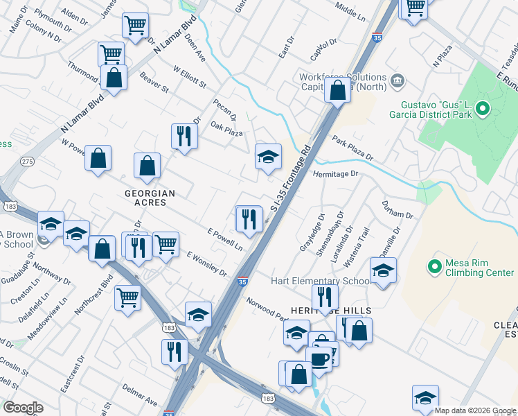 map of restaurants, bars, coffee shops, grocery stores, and more near 8312 South Interstate 35 Frontage Road in Austin