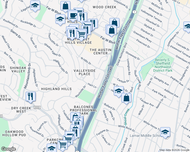 map of restaurants, bars, coffee shops, grocery stores, and more near 6518 East Hill Drive in Austin