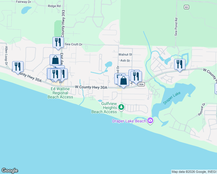 map of restaurants, bars, coffee shops, grocery stores, and more near 3959 West County Highway 30A in Santa Rosa Beach