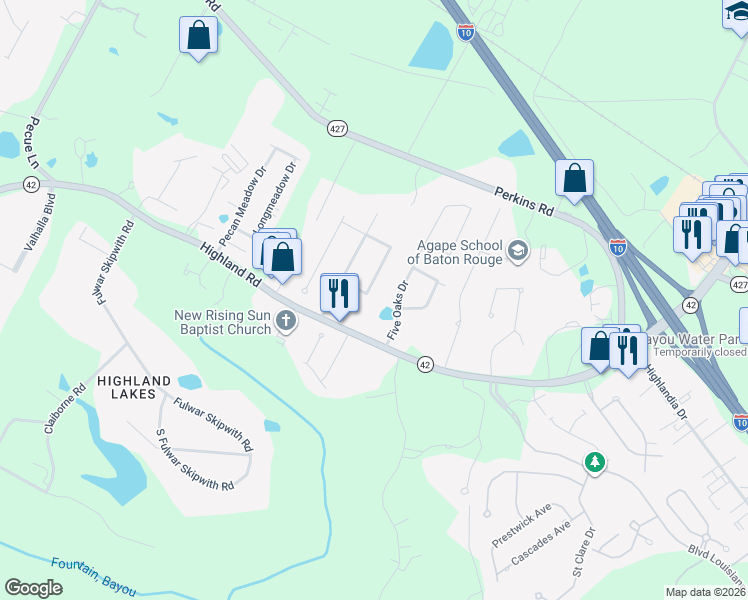 map of restaurants, bars, coffee shops, grocery stores, and more near 16645 Highland Road in Baton Rouge