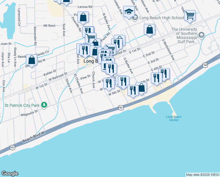 map of restaurants, bars, coffee shops, grocery stores, and more near 120 East 5th Street in Long Beach