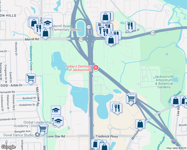 map of restaurants, bars, coffee shops, grocery stores, and more near 9435 High Meadow Lane in Jacksonville
